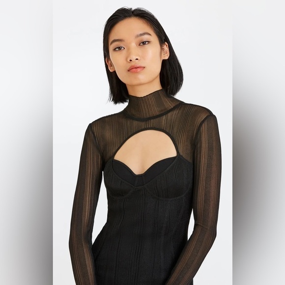 HERVE LEGER / NWT NEW layered sheer ribbed plated mini dress in black small s - Picture 4 of 5